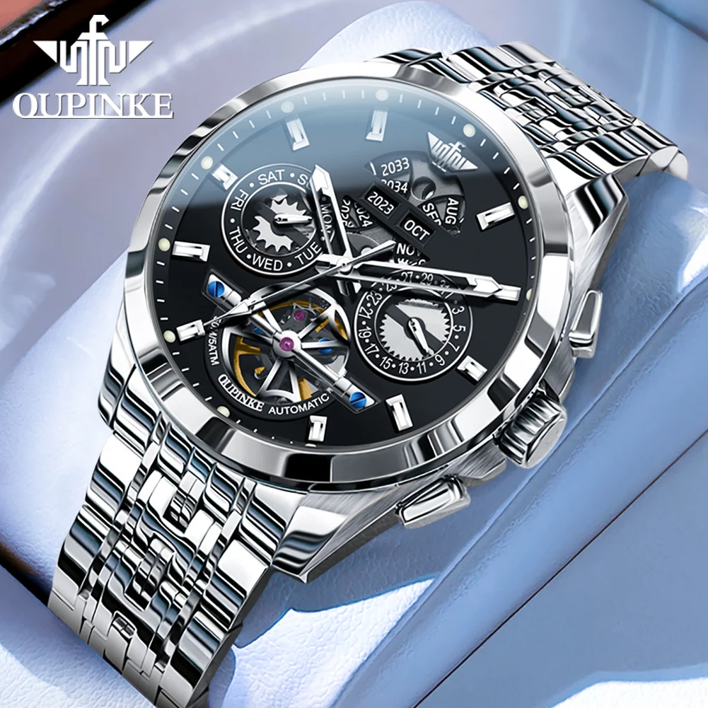 OUPINKE 3251 Herenhorloge Luxe saffierglas Tourbillon mechanisch horloge ﻿   Wolfraamstaal 50M waterdicht horloge voor heren geschenkdoos