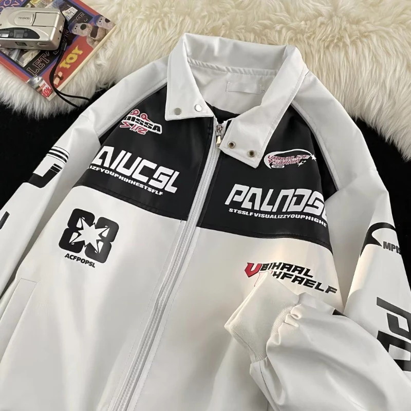 

American Motorcycle Style Pu Leather Unisexc Autumn Retro Letter Print Jacket Turn-down Collar Long Sleeve Loose Casual Coat Top