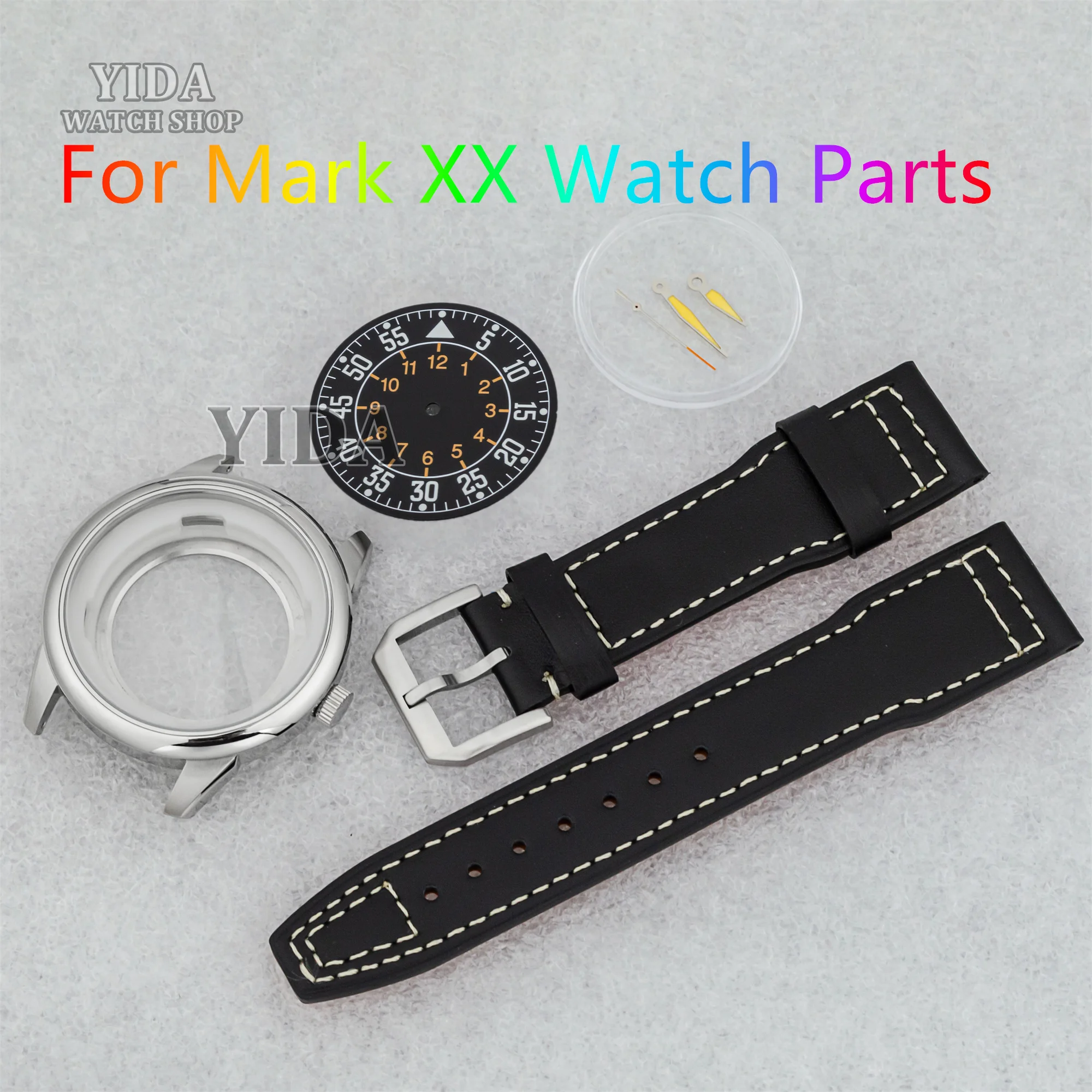 

NH35 42.7mm Watch Case Genuine Leather Strap Green Luminous Dial Hands Stainless Steel for Mark XX fit NH35 NH36 Movement Parts