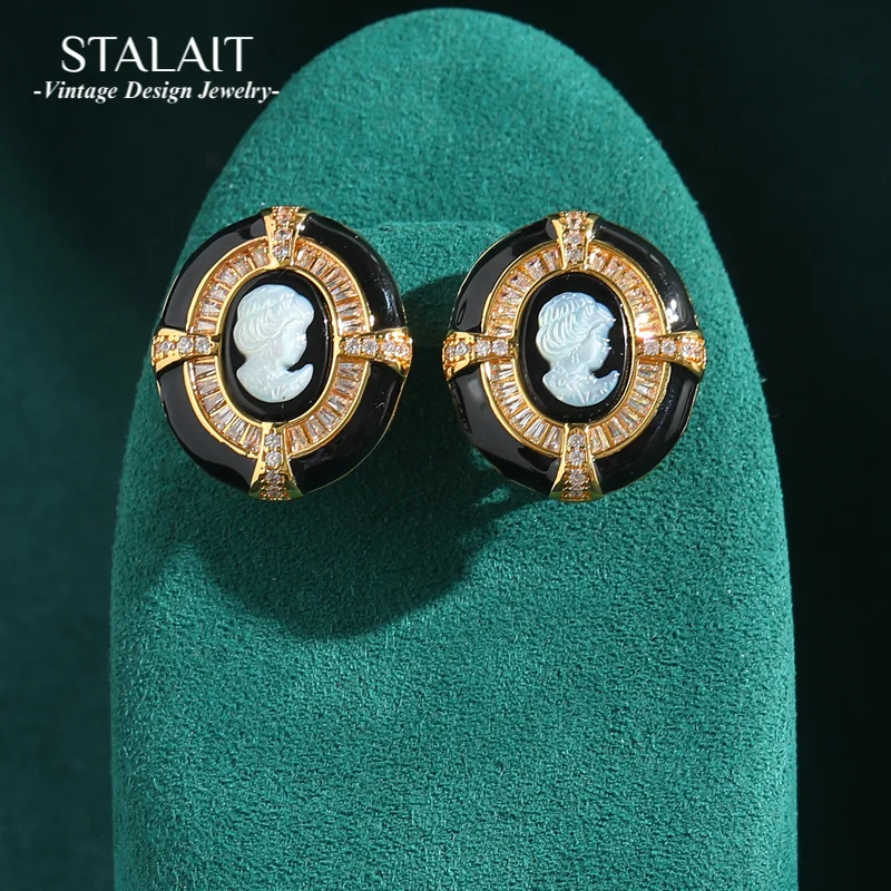 

Vintage Jewelry Gold Color Black Enamel Zircon Beauty Head Relief Oval Carve Earrings for Woman Retro Antique Accessories 2025