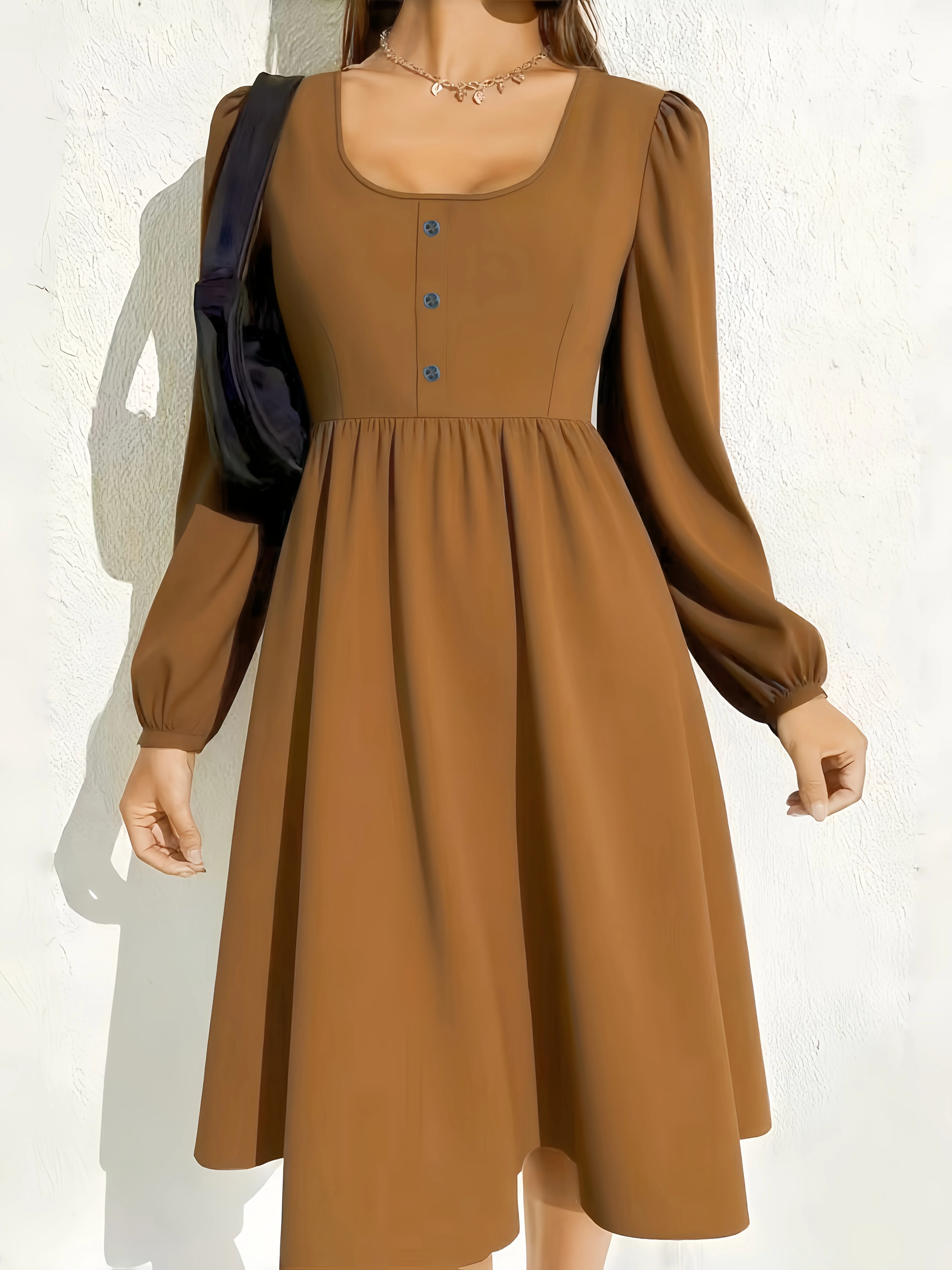 

Plus size women's slim waist dress, button decoration long sleeves, autumn and winter women's casual wear, lantern sleeve design