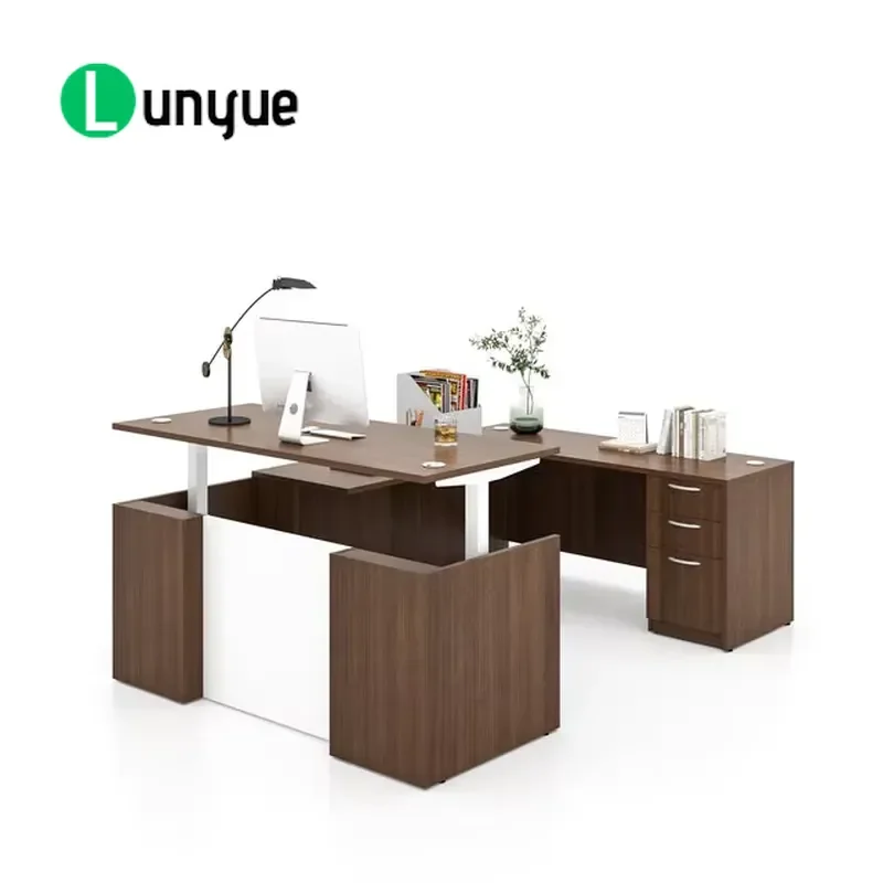 Custom Wooden U-Shaped Executive Standing Desk Set with Drawer File Cabinet Height Adjustable Office Furniture