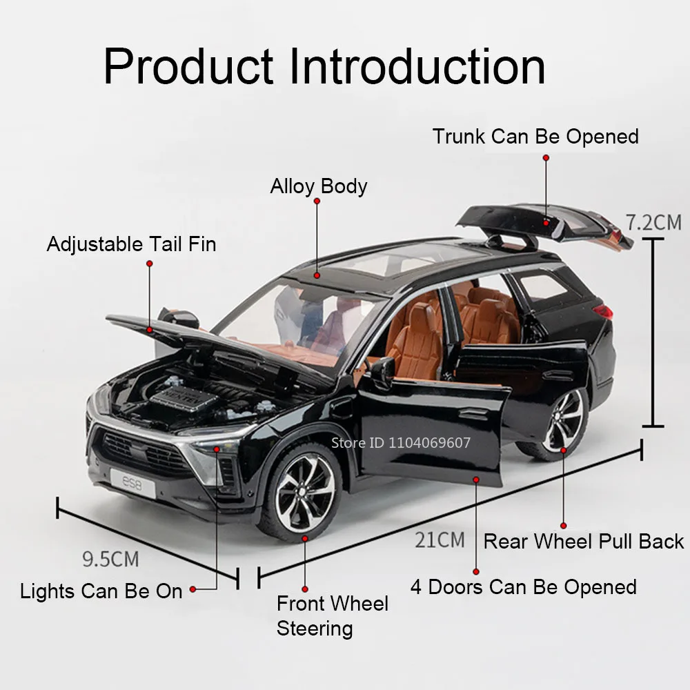 1:24 Alloy NIO ES8 Miniaturowe modele samochodów Zabawki Metal Diecast Pull Back Sound Light 6 Doors Opened Vehicle Toys Children Presents