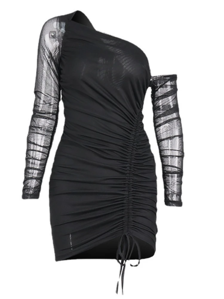 กระโปรงพลีทแฟชั่นใหม่ทันสมัย แขนยาวซีทรูเฉียงไหล่ ทรงเข้ารูป ชุดเดรสพลีทผู้หญิง เซ็กซี่ แซ่บ