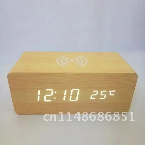 Smart home wooden LED digital clock with wireless charging, alarm, thermometer, and voice control