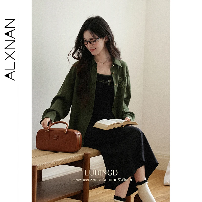 ALXNAN 빈티지 그린 셔츠 여성 가을 ​​새로운 자수 루즈핏 캐주얼 셔츠 금속 단추 오피스 레이디 긴 소매 탑 L56812