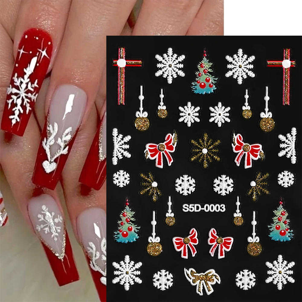 1pcs Gold Silver Glitter Christmas Nail Art Stickers White Snowflakes Bow Snowman 5D Nail Decals Shiny Christmas Tree Manicure N
