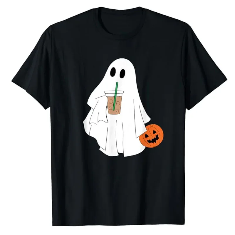 Cute Little Ghost Drinking Coffee Halloween Costume Spooky Season T-Shirt Gift Lovely Saying Tee Graphic Outfit Short Sleeve Top