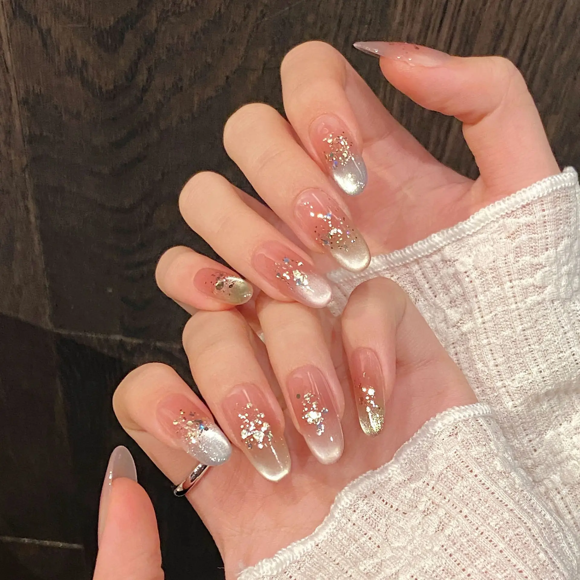 Handmade Press on Nails Rainbow Cateye Fairy with Gillter Design Reusable Wearable Fasle Nails Manicure Full Cover Nail Art