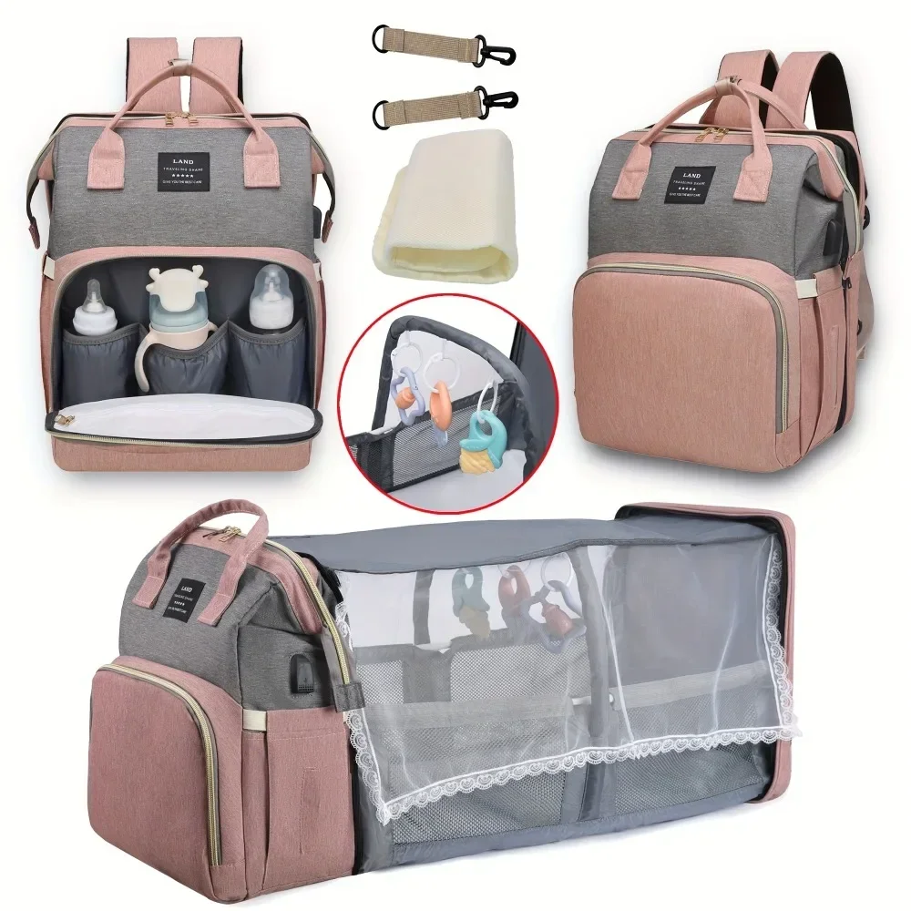 Foldable and Portable Mommy Backpack - with Crib Bed, Straps Large Capacity Diaper Bag Maternity Bag for Baby New Baby Equipment