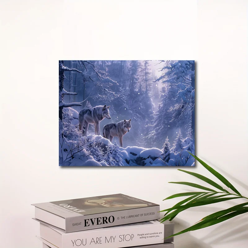 Wolf Duo in Snowy Forest - Winter Landscape Canvas Wall Art, 11.8