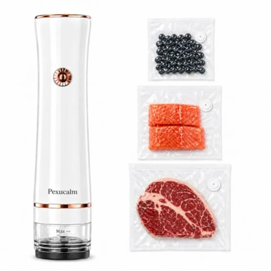 

Portable vacuum sealer for kitchen use, ABS plastic body, black color, visible liquid catch and 2000mAh battery enabling 60+ se