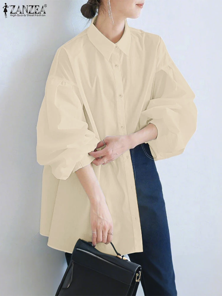 

2025 ZANZEA Elegant Office Shirts Autumn Lapel Neck OL Work Blouse Solid Buttons Blusas Stylish Women Long Lantern Sleeve Shirt