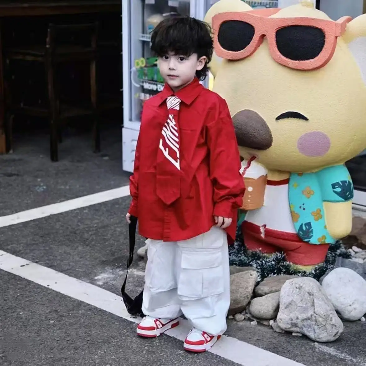 

Boys Spring Set 2025 New Children's Baby Trendy Cool Red Shirt Top Multi Pocket Cargo Pants Two Piece Set Kids Outfits 90-150CM