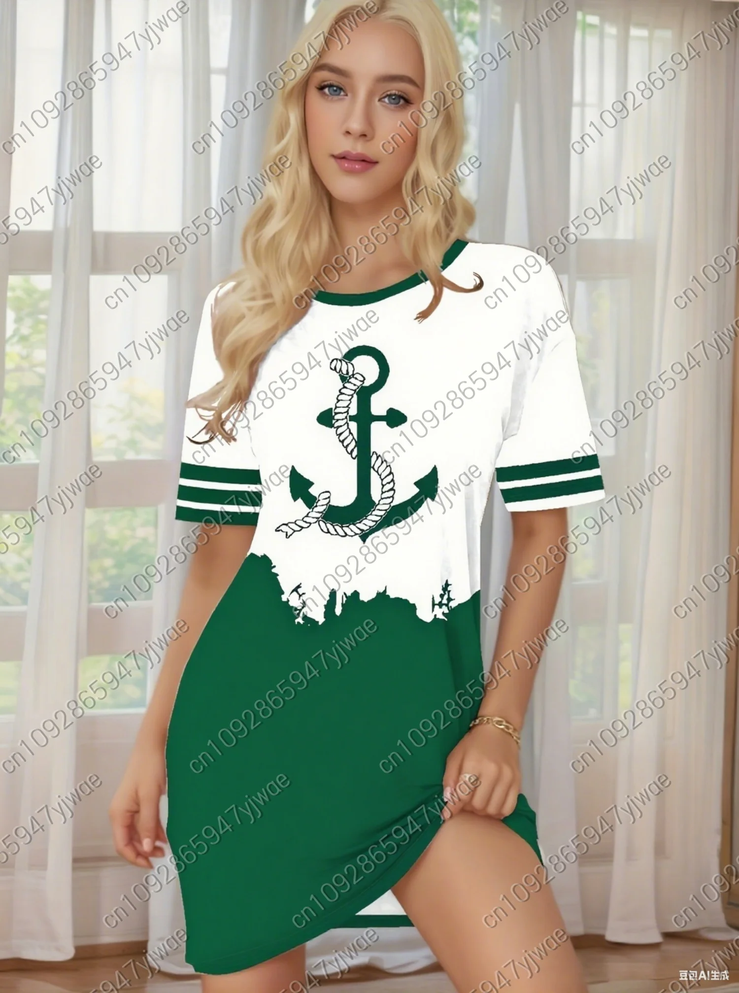 ชุดเดรสเสื้อยืดพิมพ์ลายสมอเรือ 3 มิติสำหรับผู้หญิง ฤดูร้อน 2025 ทรงหลวม สบายๆ คอกลม แขนสั้น เสื้อผ้าผู้หญิง