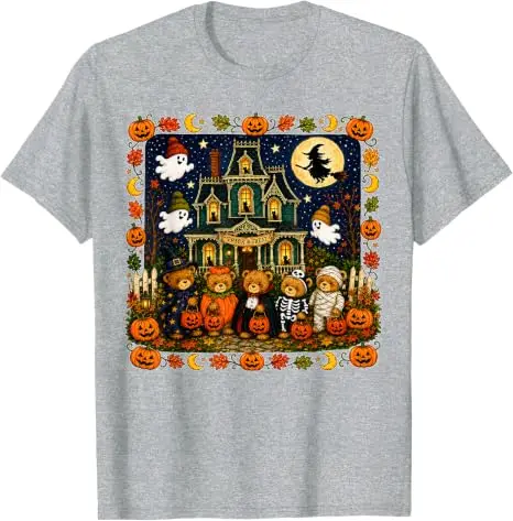 Lustiges Bären-T-Shirt mit Geisterhaus-Grafik, Y2k Horror Mummy Ghost Trick-or-Treat, It's A Scream Dare You Visit Halloween-Kostüm – Detail 8