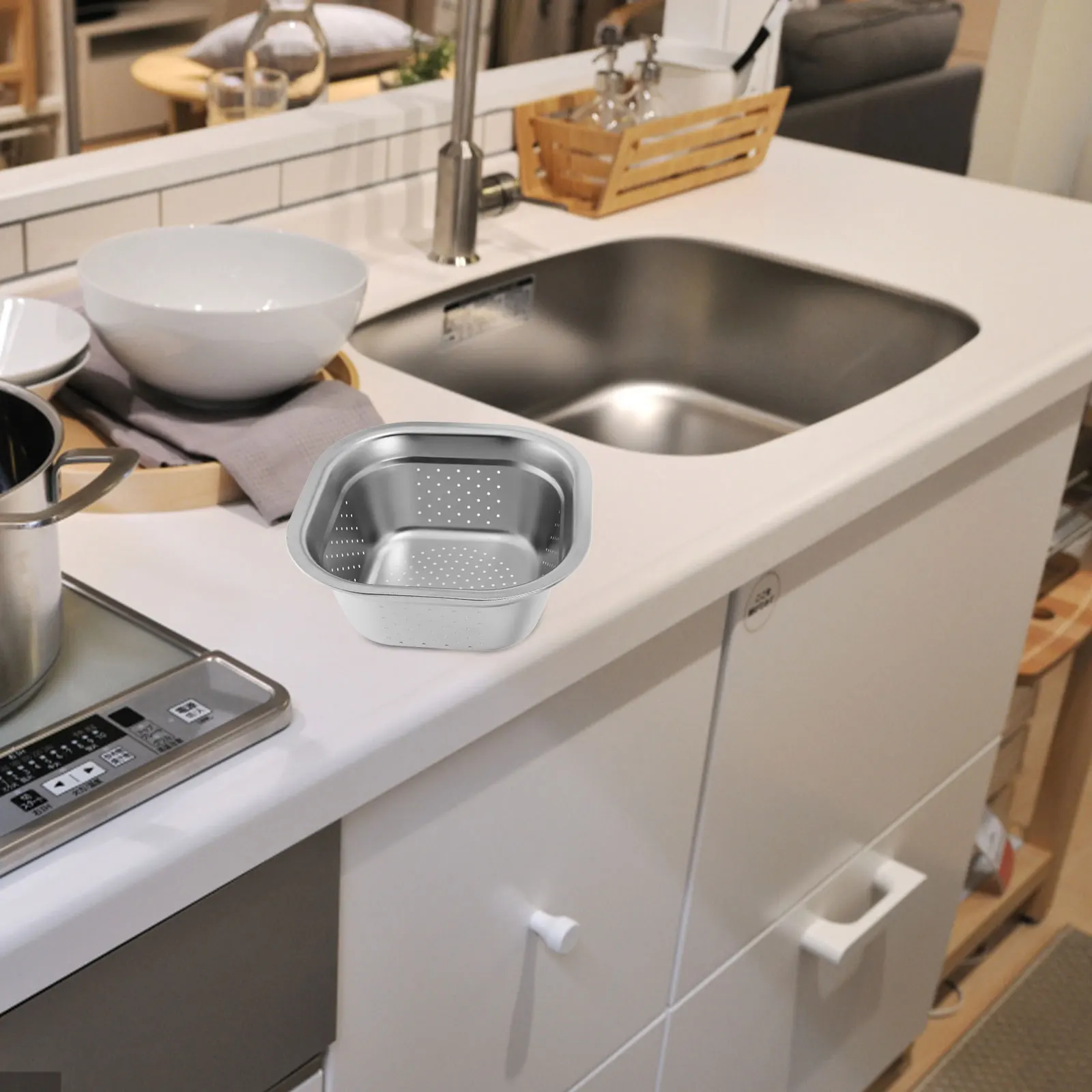

Stainless Steel Colander Large Capacity Vegetable Washing Basin Thick Metal Kitchen Draining Fruit Rice Tool Household Square