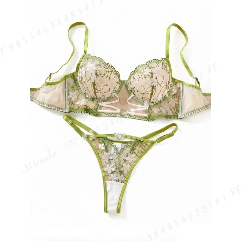 Green Daisy Floral Embroidery Sheer Mesh Lingerie Set Women Heart Rhinestone Cut Out Underwire Bra Matching Panty Intimates