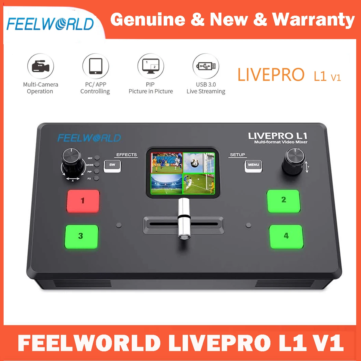 

FEELWORLD LIVEPRO L1 V1 Multi Camera Video Mixer Switcher 4xHDMI Inputs USB3.0 Output Format Real Time Production Live Streaming