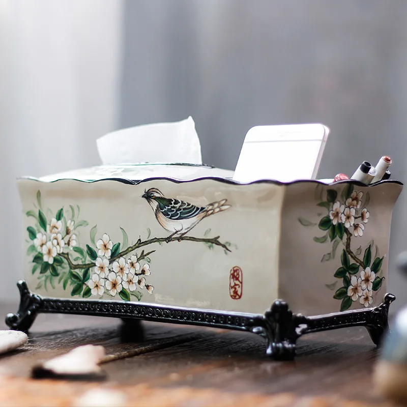 Flower Bird Ceramic Desk Decoration New Chinese Style Creative Simplicity Household Remote Control Multifunctional Tissue Boxes