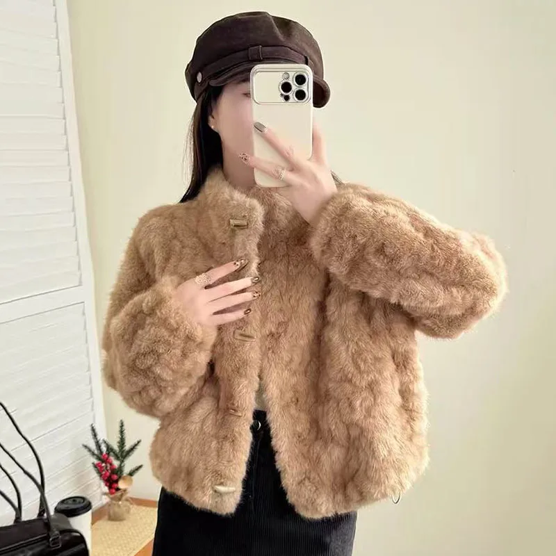 Autumn Faux Lambskin Jacket Women Winter Warm Unlined Fluffy Fur Crop Coat Y2K Loose Streetwear Single Breasted Hairy Outerwear