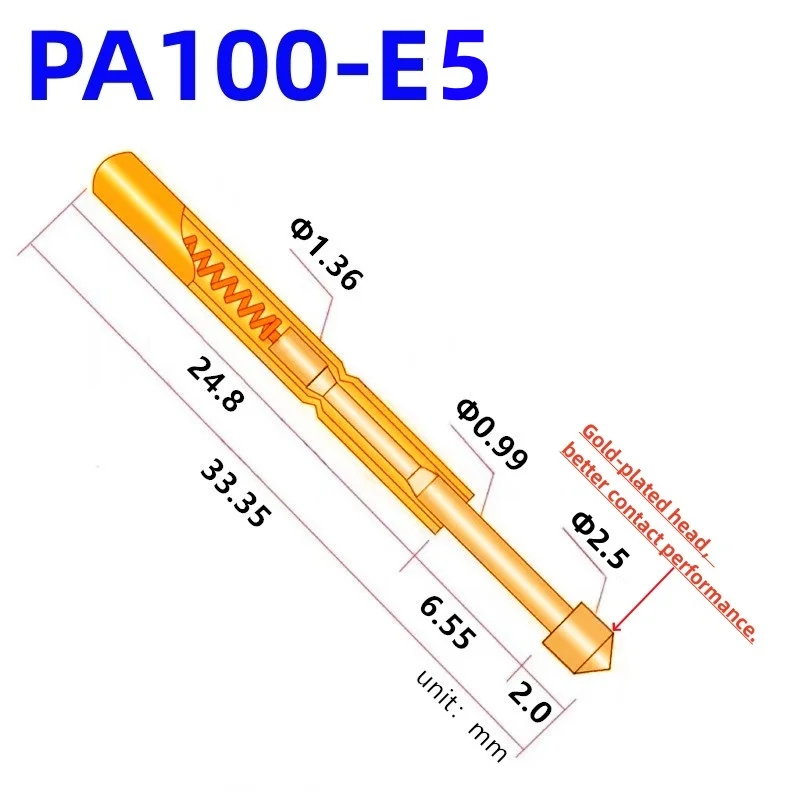 

100PCS PA100-E5 Spring Test Probe PA100-E Test Pin P100-E P100-E5 Test Tool 33.35mm 1.36mm Needle Gold Tip Dia 2.5mm Pogo Pin