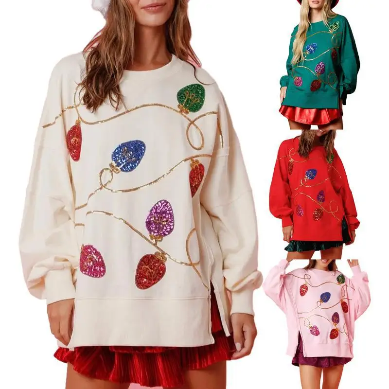 

Женская рождественская толстовка с круглым вырезом, длинными рукавами, пайетками, удобная посадка, модный праздничный дизайн, уличная одежда