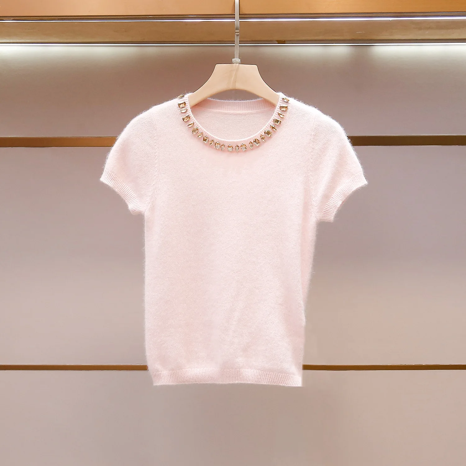 Luxury Summer New Style Small Fragrance Style Knitted Diamond Embedded round Neck Sweater Skirt Set Elegant Lady Commute