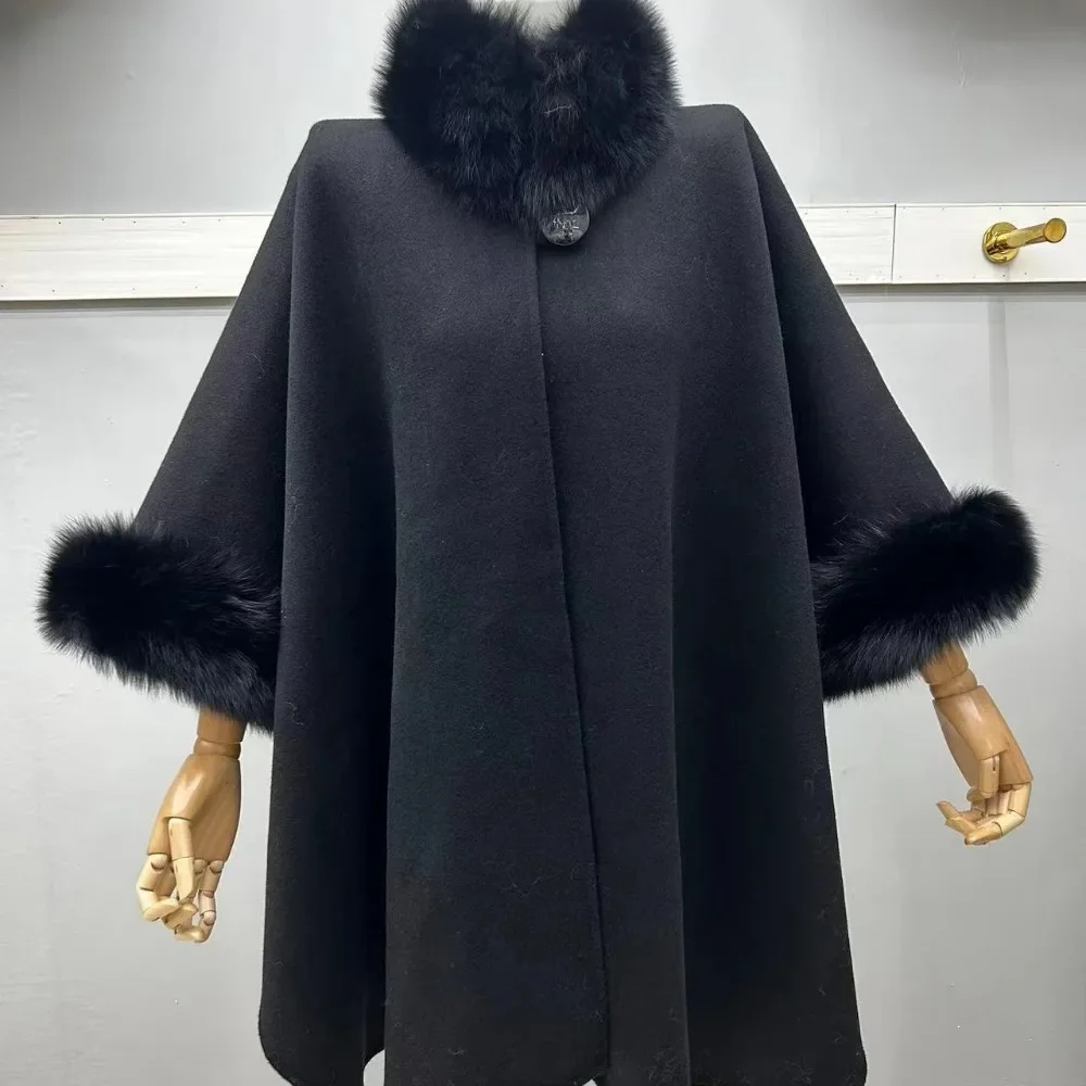 Manteau en fourrure de renard naturel pour femme, col en fourrure de renard naturel, poignets, manches évasées, laine, luxe, veste d'hiver, nouveau, 2024