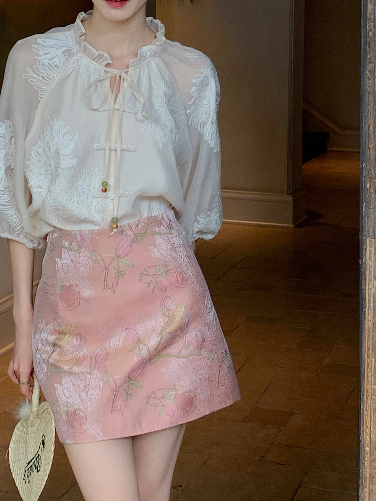 

New Chinese Style High Waist Floral Embroidery Half Skirt Women's Summer Fashion A-Line Skirt Elegant Ladylike Design