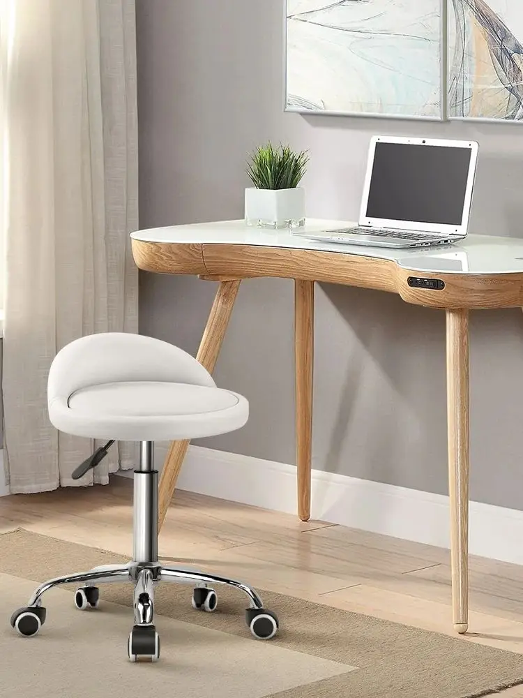 KKTONER PU Leather Round Rolling Stool with Back Rest Height Adjustable Swivel Drafting Work SPA Task Chair Bar Stool