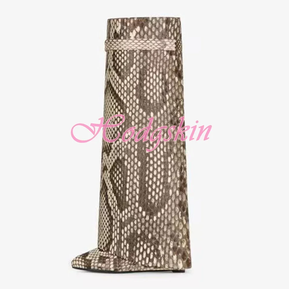 Snake Pattern Shark Boots Pointy Toe Printed Wedges Lock Decor Knee High Boots Women Sexy Shoes Designer Party Dress Slip On