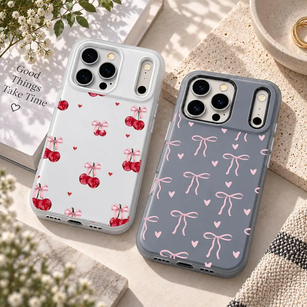 Coque de téléphone avec nœud en forme de cœur rose, modèle iPhone 18, 17, 16, 15, 14, 13 Pro Max, coque en gel 2 en 1, revêtement souple et mat.