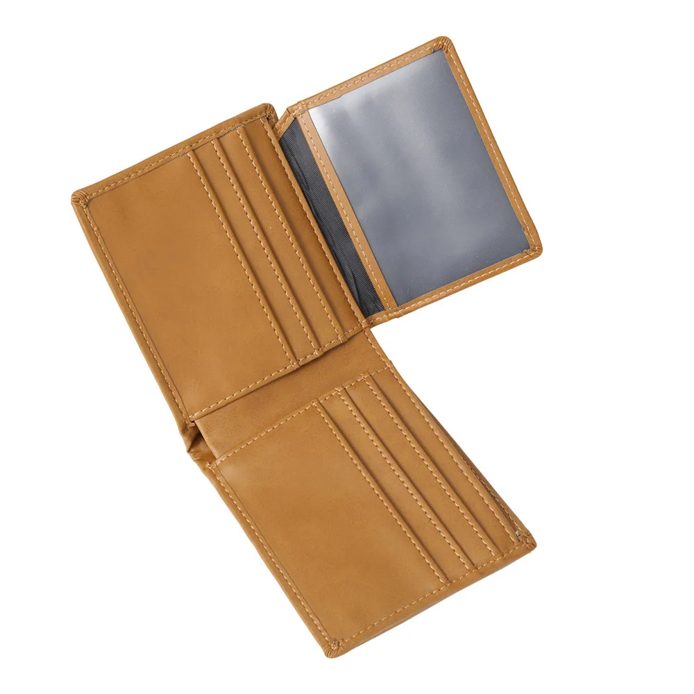 

Flip Up and Down Loose Leaf PU Yellow Brown Casual Men's Wallet, Multi Slot Short Wallet, Laser Engraved Lettering