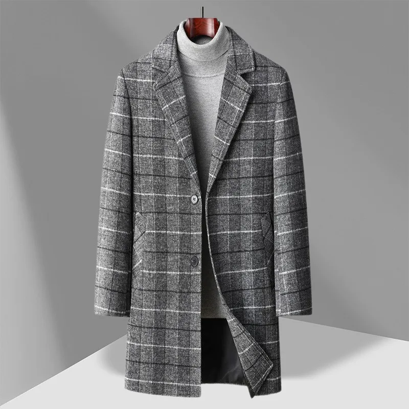 

High Quality Autumn and Winter Woolen Coat for Men Medium To Long Business and Leisure Plaid and Cotton Thick Woolen Jacket