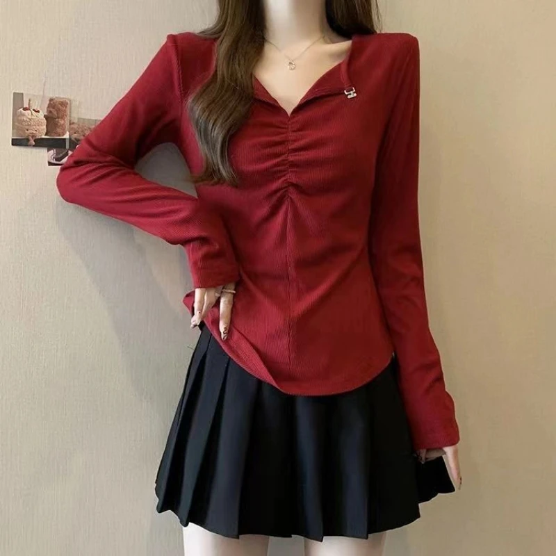 

Trend V Neck Long Sleeve Solid All-match Tops Spring Autumn New Simplicity Street Casual T Shirts Fashion Korean Women Clothing