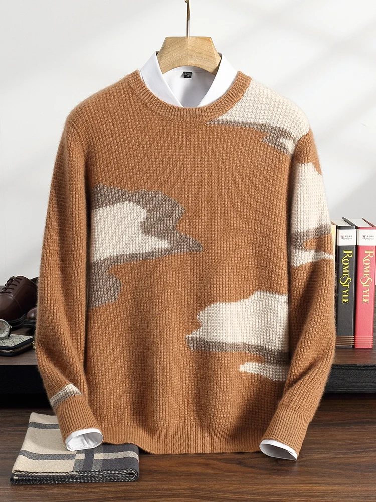 TLOML 신상 남성용 100% 캐시미어 스웨터 두꺼운 클라우드 자카드 O넥 풀오버 가을 겨울 캐시미어 니트웨어 캐주얼 부드럽고 따뜻한 상의