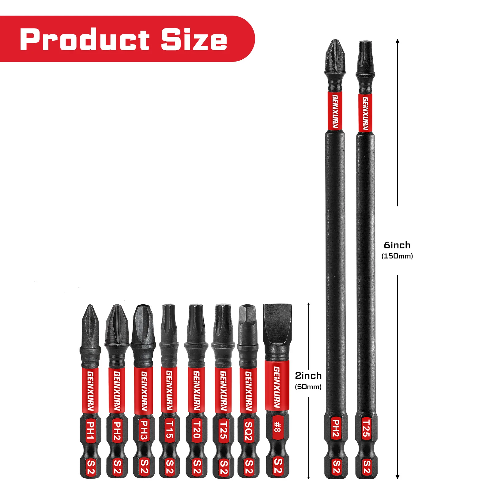 Geinxurn 10Pcs 2''/6'' Impact Tough Screwdriver Power Bit Set, Mixed S2 Alloy Steel Bit with Storage Organizer