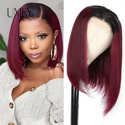 Perruque Bob Lace Front Wig Remy Brésilienne Naturelle, Cheveux Lisses, Couleur Rouge Bordeaux T1B/99j, Sans Colle, pour Femme