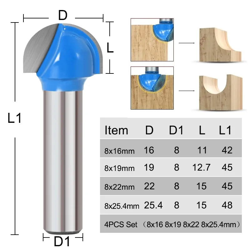 Xcan 1Pc 8Mm Schacht Hoek Rouding Router Bit 16/19/22/25Mm Ronde Router bit Hout Trimmen Cutter Radius Hout Frees