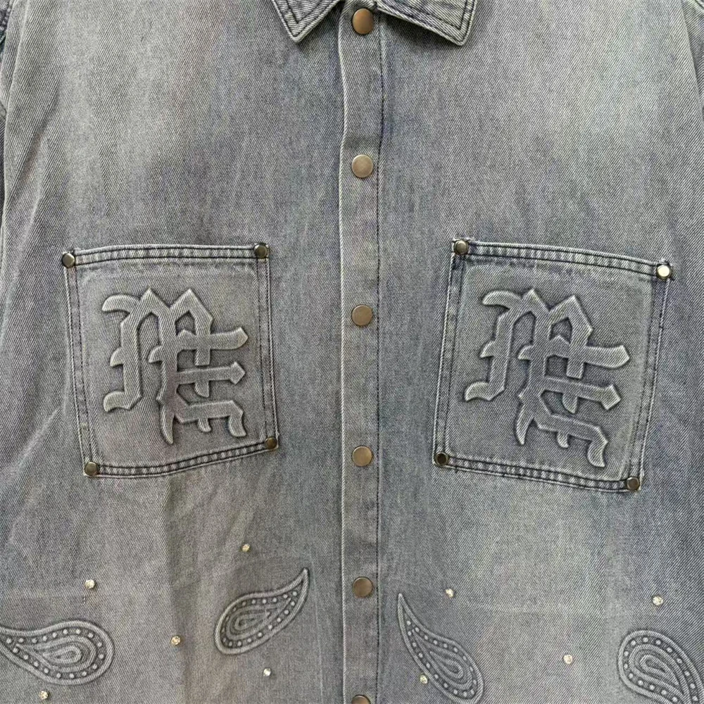 

Красивая потертая сине-серая джинсовая куртка с короткими рукавами MIXED EMOTION для мужчин и женщин, рабочая одежда из плотной ткани, пальто