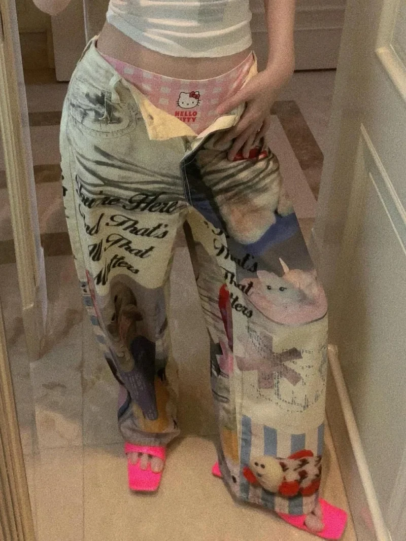 New American Street Washed Printed Cartoon Jeans for Women Loose and Slimming Wide Leg Casual Pants Female Clothing
