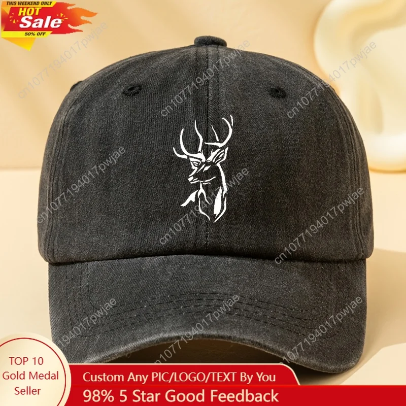

[Deer Head Baseball Cap] Stylish Deer Head Baseball Cap - Adjustable, Breathable & Comfortable, Black with White Deer Print, Per