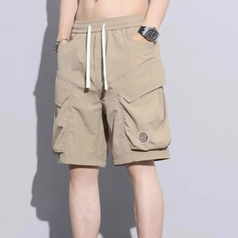 남성 포켓 와이드 카고 반바지 배기 드로스트링 솔리드 밴딩 허리 루즈 지퍼 편안한 옷 Y2k
