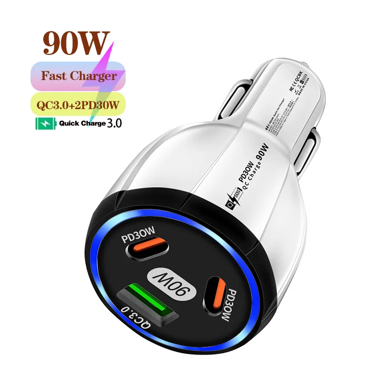 90W 3 Port Car Charger Super Fast Charger QC3.0 PD30W PPS High-Power Cigarette Lighter Fast Charger for iPhone/Huawei/Samsung