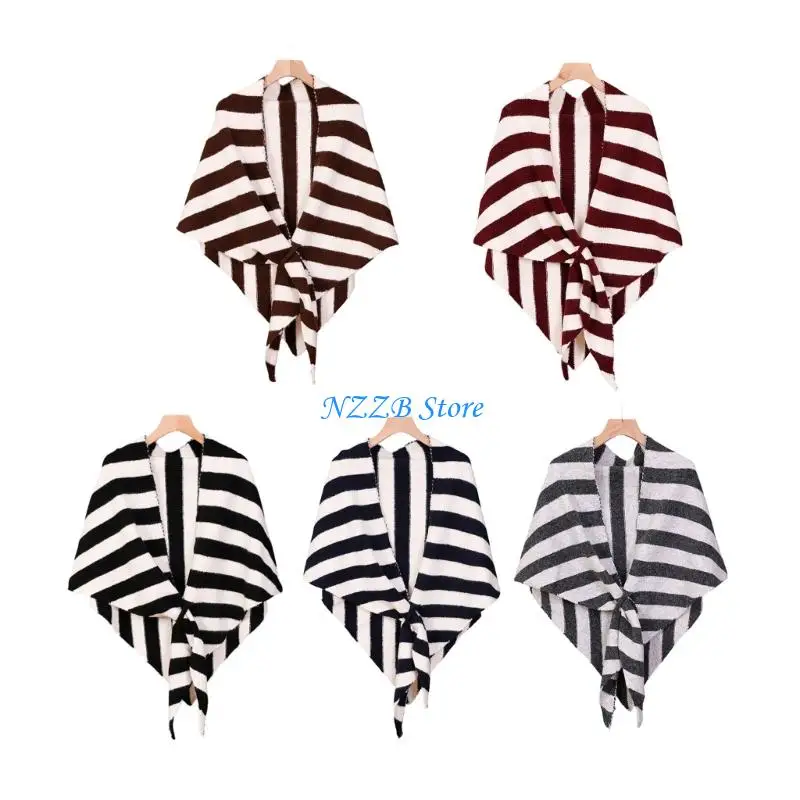

T21F Elegant Wool Triangled Scarf Striped Accents Soft Warm Fabric Unisex Winter Accessory Indoor Outdoor Use