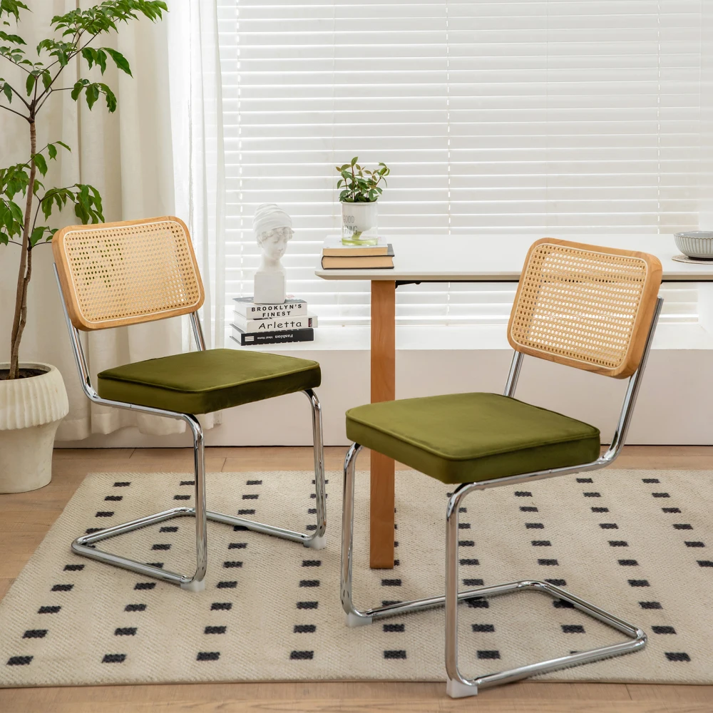 【2pcs】Dining Chairs Set of 2, Velvet Rattan Side Accent Chairs with Chrome Legs, Modern Mid Century Breuer Designed Chairs