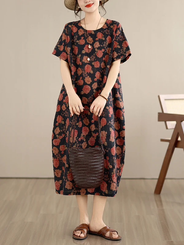 

Summer New Cotton Linen Print Loose Artistic Short Sleeve Slimming Casual Thin Dress Women's Dress Citywalk High Waist Lanter...