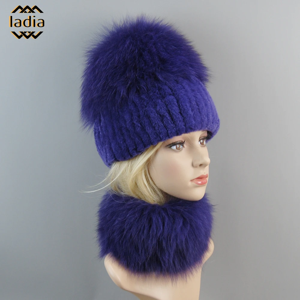 Luxury Women Winter Scarf 2 Pieces Cap Knitted Top Real Natural Fox Rex Rabbit Fur Hat Neck Scarves Set Women's Scarf-collar