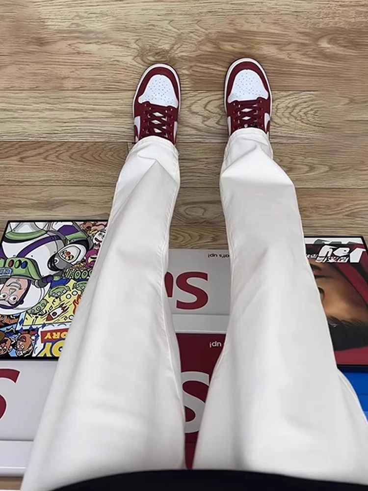 

White High Waist Bell Bot Jeans Men's Elastic Straight Leg Lengthening Pants American High Street Ootd Extended Version
